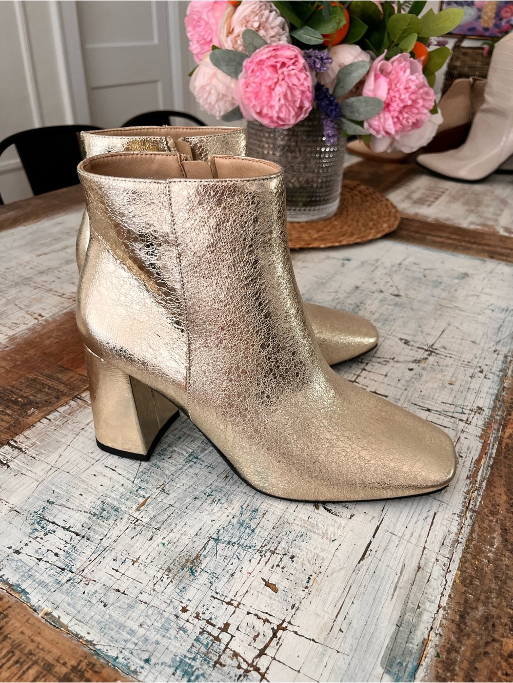 Women's Metallic Gold Ankle Booties with Block Heel